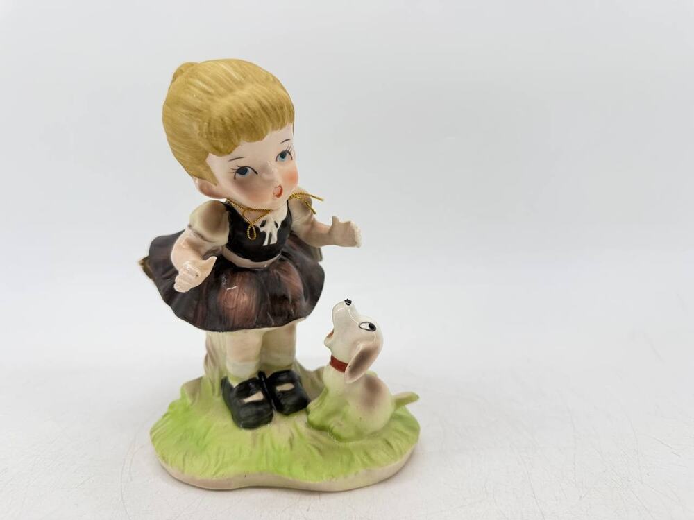 Vintage Flambro Collector's Choice Ceramic Girl Dog Figurine Taiwan
